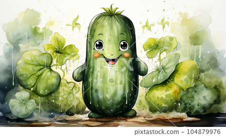 Drawn smiling green cucumber on light background, concept of harvest and agriculture Drawn smiling green cucumber on light background, concept of harvest and agriculture 104879976