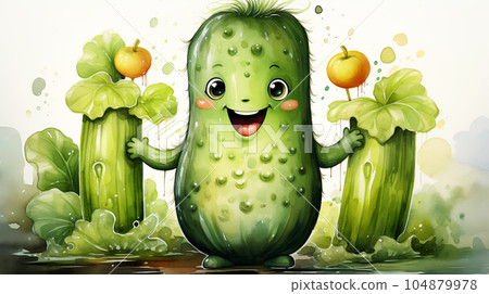 Drawn smiling green cucumber on light background, concept of harvest and agriculture 104879978