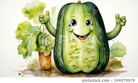 Drawn smiling green cucumber on light background, concept of harvest and agriculture Drawn smiling green cucumber on light background, concept of harvest and agriculture 104879979