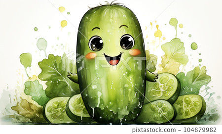 Drawn smiling green cucumber on light background, concept of harvest and agriculture 104879982