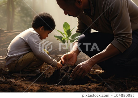 Man and his son is planting a tree in their garden. 104880085