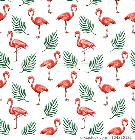 Pink flamingos and green areca palm leaves. Seamless watercolor patter on a white background. Design of textiles, wrapping paper, clothes, covers. 104880122