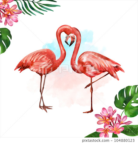 Two pink flamingos on the background of exotic plants. Watercolor illustration of a tropical composition. Greeting cards, summer flyers and banners. 104880123