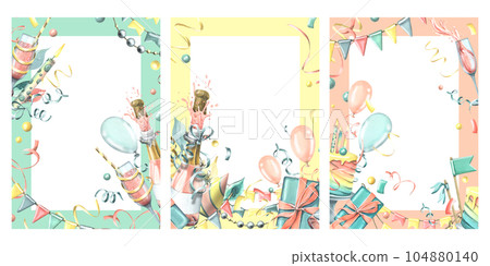 Vertical birthday cards with pink champagne, balloons, gifts, confetti, flags, cakes. Watercolor illustration, hand drawn. A set frames template for text on a white background 104880140