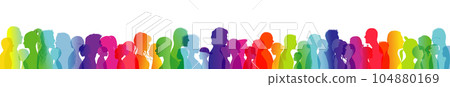 Crowd talking. Dialogue between people of different ages and ethnic groups. Rainbow colored profile silhouette. Many different people talking. Diversity between people. Multiple exposure 104880169
