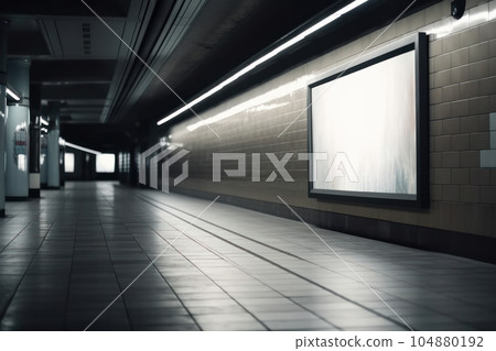 Lonely subway station with blank screen on the wall, showcasing potential for art or advertisement. Urban art concept in abandoned underground. AI Generative. Lonely subway station with blank screen on the wall, showcasing potential for art or advertisement. Urban art concept in abandoned underground. AI Generative. 104880192
