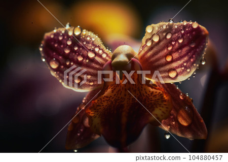 An orchid in full bloom with water drops on petals. A striking macro shot of a orchid. Generative AI An orchid in full bloom with water drops on petals. A striking macro shot of a orchid. Generative AI 104880457