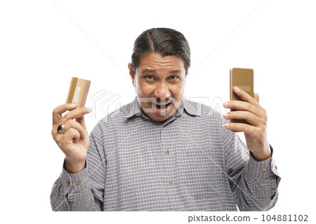 old asian man standing while holding phone and card white background old asian man standing while holding phone and card white background 104881102