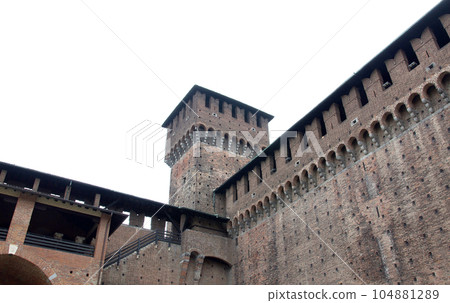 Castello Sforzesco, a fortress in Milan, Italy. The brick walls and towers are beautiful. 104881289