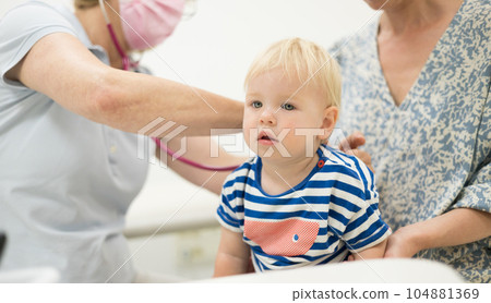 Infant baby boy child being examined by his pediatrician doctor during a standard medical checkup in presence and comfort of his mother. National public health and childs care care koncept Infant baby boy child being examined by his pediatrician doctor during a standard medical checkup in presence and comfort of his mother. National public health and childs care care koncept 104881369
