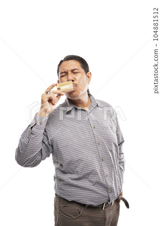 old asian man holding credit card and kissing it in white background old asian man holding credit card and kissing it in white background 104881512