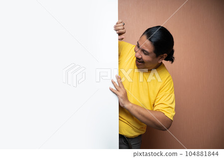old asian man standing behind empty white board or free space 104881844
