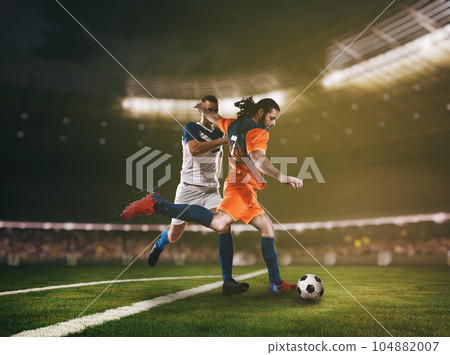 Football action scene with competing soccer players at the stadium 104882007