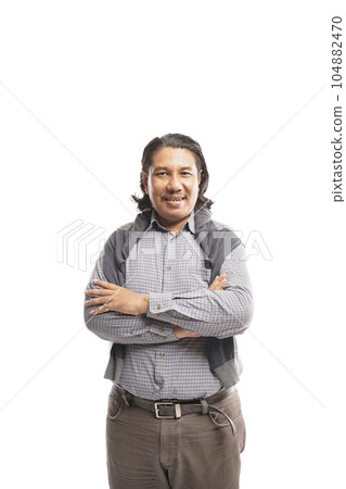 old asian man standing in front of white background with arm crossed old asian man standing in front of white background with arm crossed 104882470