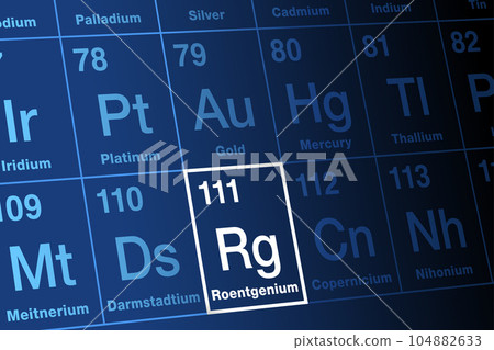 Roentgenium on periodic table of the elements. Extremely radioactive, superheavy, synthetic transactinide element, with element symbol Rg and atomic number 111. Named after physicist Wilhelm Roentgen. 104882633