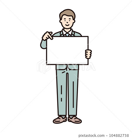 Image illustration material of a male business person holding a message board and pointing and explaining 104882738