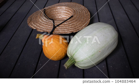 Straw Hat and Harvested Colinkey and Somen Pumpkin 104883464