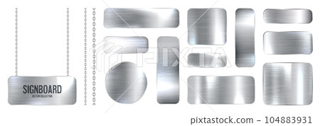 Metal banners hanging on a chain. Realistic shiny steel plate with screws. Polished silver metal surface. Vector illustration Metal banners hanging on a chain. Realistic shiny steel plate with screws. Polished silver metal surface. Vector illustration 104883931