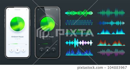 Online audio player user interface, smartphone app UI design. Music, media streaming and listening platform. Responsive mobile application. Neumorphism. Various sound waves. Vector illustration Online audio player user interface, smartphone app UI design. Music, media streaming and listening platform. Responsive mobile application. Neumorphism. Various sound waves. Vector illustration 104883967