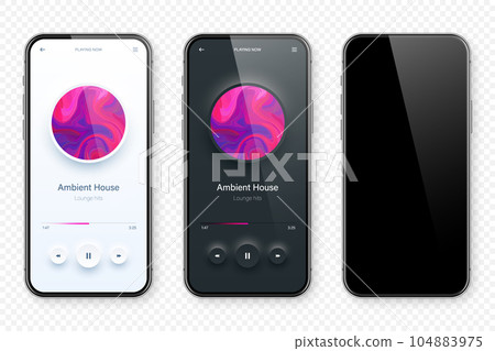 Online audio player user interface, smartphone app UI design. Music, media streaming and listening platform. Responsive mobile application. Neumorphism, neumorphic style. Vector illustration. 104883975
