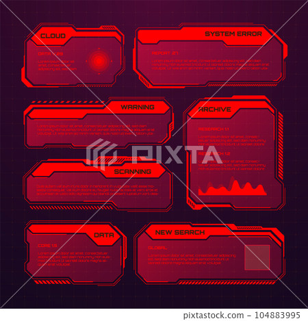 Red futuristic HUD or UI elements. Sci-fi user interface text boxes, callouts. Warning message frames, information boxes template. Modern game interface layout in digital style. Vector illustration 104883995