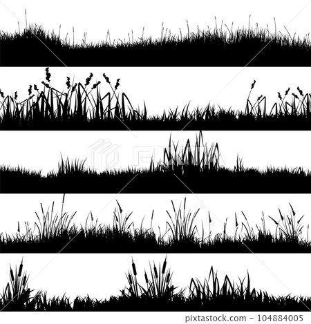 Meadow silhouettes with grass, plants on plain. Panoramic summer lawn landscape with herbs, various weeds. Herbal border, frame element. Black horizontal banners. Vector illustration Meadow silhouettes with grass, plants on plain. Panoramic summer lawn landscape with herbs, various weeds. Herbal border, frame element. Black horizontal banners. Vector illustration 104884005