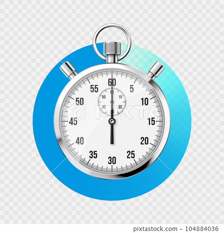Realistic classic stopwatch. Shiny metal chronometer, time counter with dial. Blue countdown timer showing minutes and seconds. Time measurement for sport, start and finish. Vector illustration 104884036