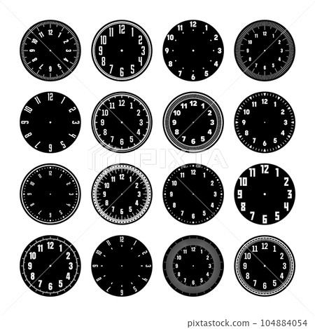 Mechanical clock faces, watch dial with numerals, bezel. Timer or stopwatch element with minute, hour marks and numbers. Blank measuring circle scale with divisions. Vector illustration 104884054