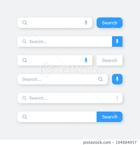 Various search bar templates. Internet browser engine with search box, address bar and text field. UI design, website interface element with web icons and push button. Vector illustration Various search bar templates. Internet browser engine with search box, address bar and text field. UI design, website interface element with web icons and push button. Vector illustration 104884057