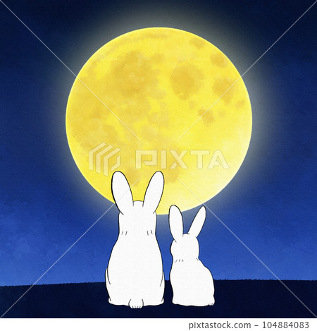 Illustrated material of a simple cute rabbit watching the moon with a parent and child on the full moon Illustrated material of a simple cute rabbit watching the moon with a parent and child on the full moon 104884083