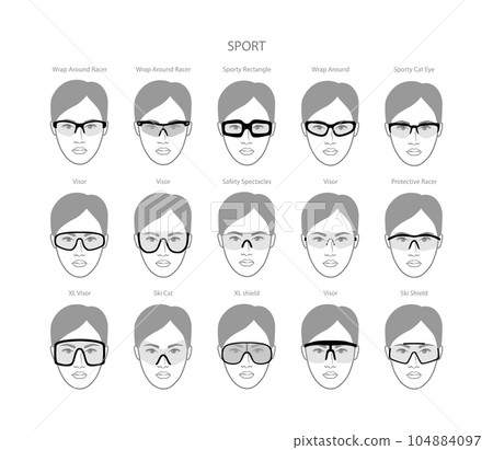 Set of Sport frame glasses on women face character fashion accessory illustration. Sunglass front view unisex silhouette 104884097