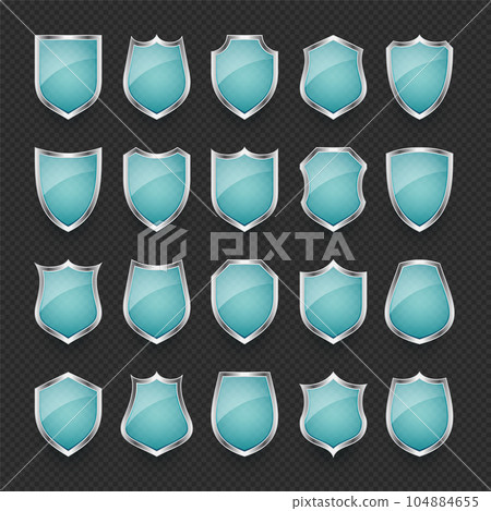 Set of vintage glass 3d shield icons. Blue heraldic shields. Black protection and security symbol, label. Vector illustration 104884655