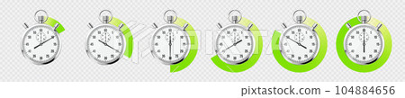 Realistic classic stopwatch. Shiny metal chronometer, time counter with dial. Green countdown timer showing minutes and seconds. Time measurement for sport, start and finish. Vector illustration 104884656