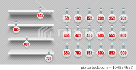 Store shelves with supermarket promotional wobblers. Product shelf and advertising wobbler with percent discount. Grocery wall rack. Sale label, special offer price tag. Vector illustration 104884657