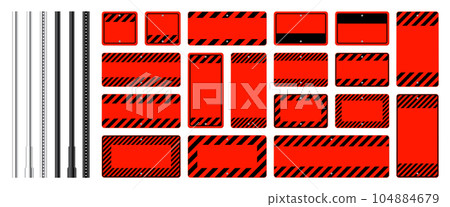 Warning, danger signs, attention banners with metal poles. Blank red caution sign, construction site signage. Notice signboard, warning banner, road shield. Vector illustration Warning, danger signs, attention banners with metal poles. Blank red caution sign, construction site signage. Notice signboard, warning banner, road shield. Vector illustration 104884679