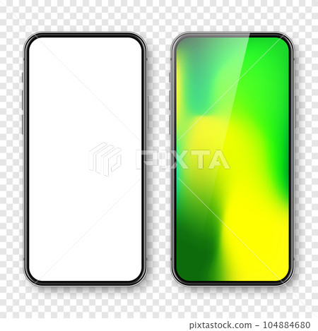 Smartphone with blank touch screen and abstract colorful background, wallpaper. Frameless mobile phone in front view. High quality detailed device mockup. Vector illustration Smartphone with blank touch screen and abstract colorful background, wallpaper. Frameless mobile phone in front view. High quality detailed device mockup. Vector illustration 104884680