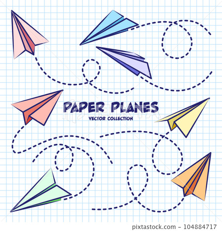 Hand drawn planes on checkered paper sheet. School notebook for drawing. Doodle airplane, dotted route line. Aircraft icon, simple colorful plane silhouettes. Outline, line art. Vector illustration Hand drawn planes on checkered paper sheet. School notebook for drawing. Doodle airplane, dotted route line. Aircraft icon, simple colorful plane silhouettes. Outline, line art. Vector illustration 104884717