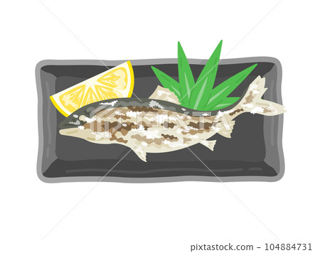 Illustration of salt-grilled sweetfish served on a plate 104884731