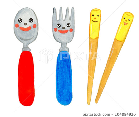 Hand drawn watercolor cute spoon, fork and chopsticks set illustration Hand drawn watercolor cute spoon, fork and chopsticks set illustration 104884920
