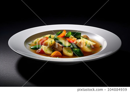 marvelous vegetable stew on a plate, black background, illustration, generative ai 104884939
