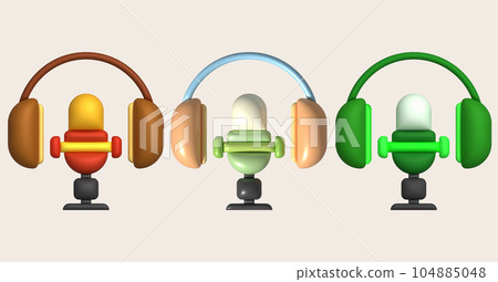 3D illustration, microphone, sound recorder and headphones. 3D illustration, microphone, sound recorder and headphones. 104885048