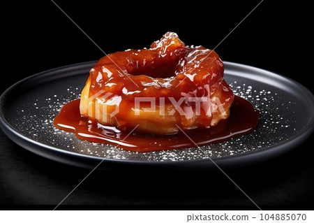mini tarte tatin on a plate, black background, illustration, generative ai 104885070