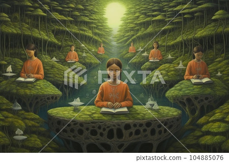 many meditative buddhas in pure land, illustration, generative ai 104885076