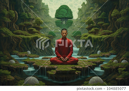 meditative buddha in green pure land, illustration, generative ai 104885077