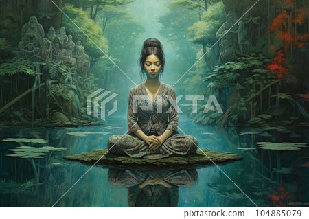 meditative female buddha in pure land, illustration, generative ai 104885079