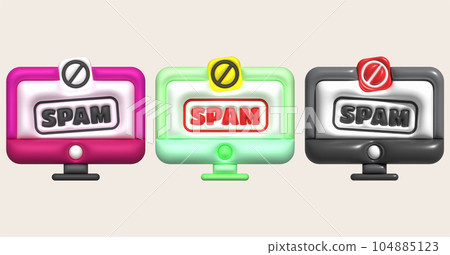 3D illustration. Computer spam virus message notification. Spam pop-up warning. 3D illustration. Computer spam virus message notification. Spam pop-up warning. 104885123