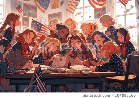 American Girls' education model, illustration, generative ai 104885166