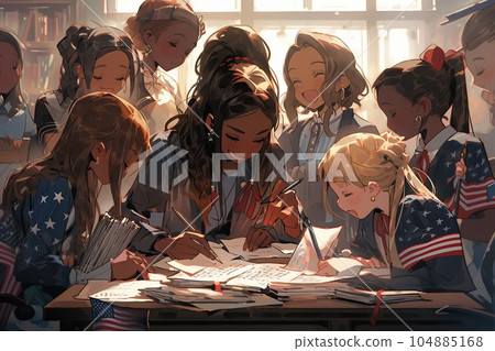 American Girls' education model, illustration, generative ai 104885168