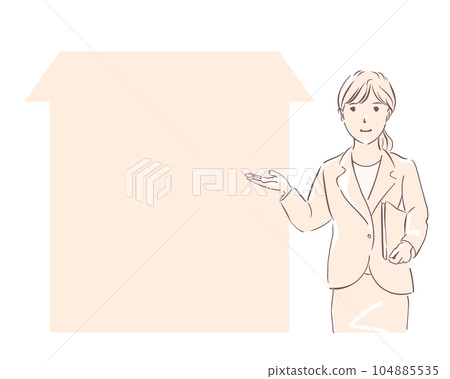 矢量插圖：一個穿著西裝、微笑、有房子形框架的女人 104885535