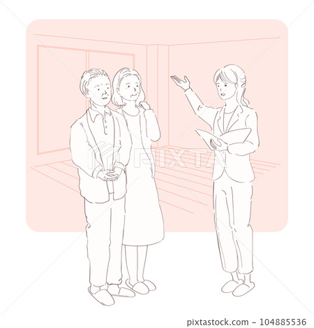矢量圖:老年夫婦在女工作人員的指導下查看房產內部 矢量圖:老年夫婦在女工作人員的指導下查看房產內部 104885536